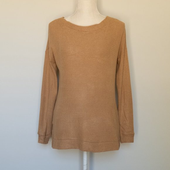 1. State Lattice V-Back Waffle Weave Sweater in Tan Size XS - Picture 2 of 8
